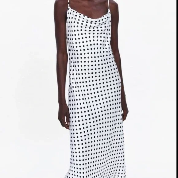 Zara Dresses Zara Satin Maxi White Polka Dot Cami Slip Dress